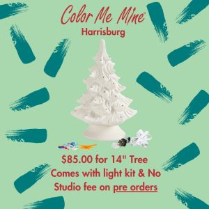 Color Me Mine Harrisburg ceramic 14-inch Christmas tree with light kit – $85 preorder, no studio fee
